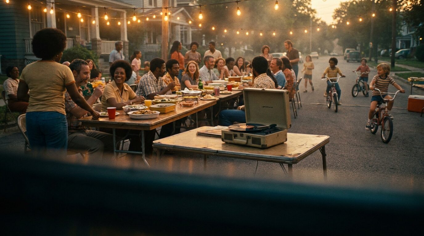 Neighbours at long tables under string lights at a street party