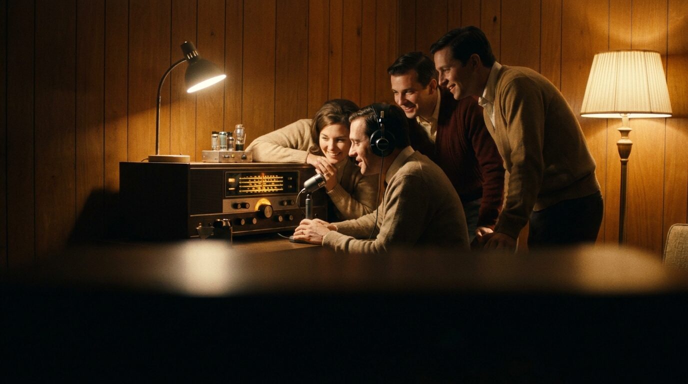 Friends crowded round a shortwave radio, one speaking into a microphone