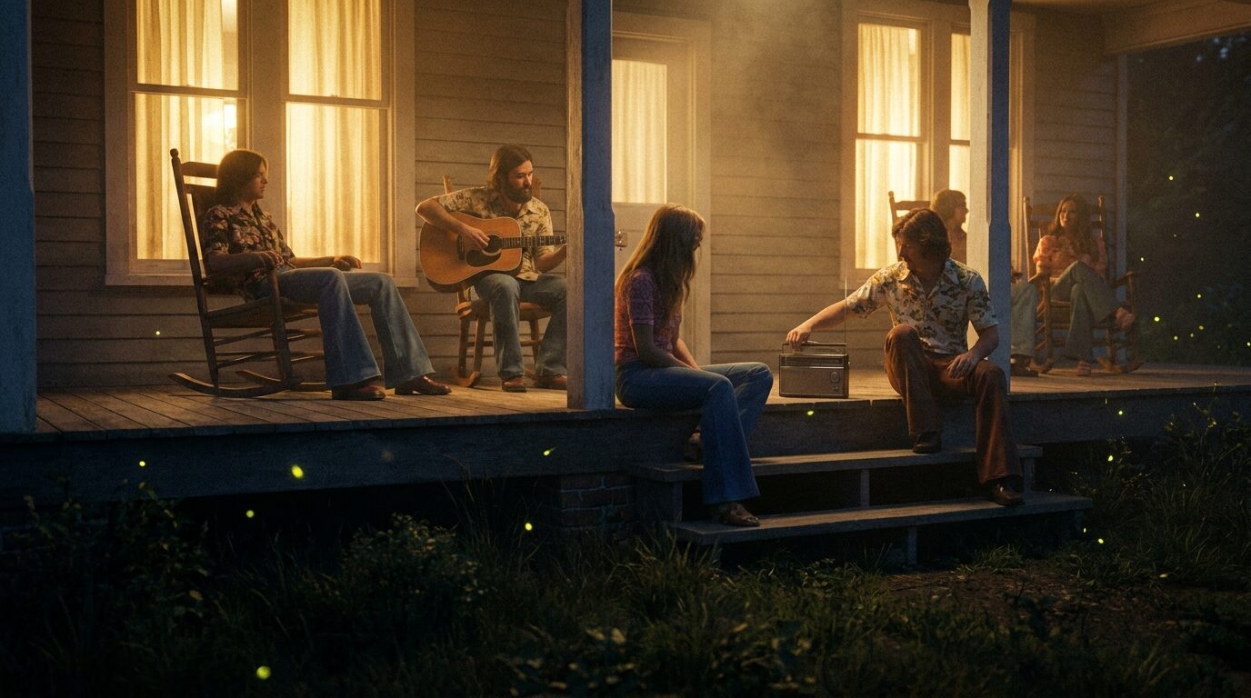 Friends on a front porch on a summer evening, one playing guitar